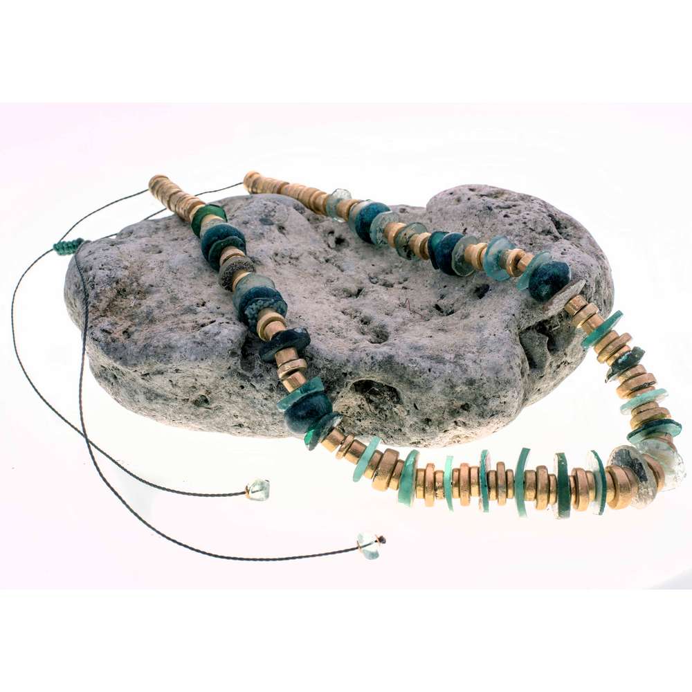 001R-EVAFRANGK-KOLIE-MPLE-XRYSO-1 Χειροποίητο κολιέ με Ρωμαικό γυαλί και χρυσά στοιχεία