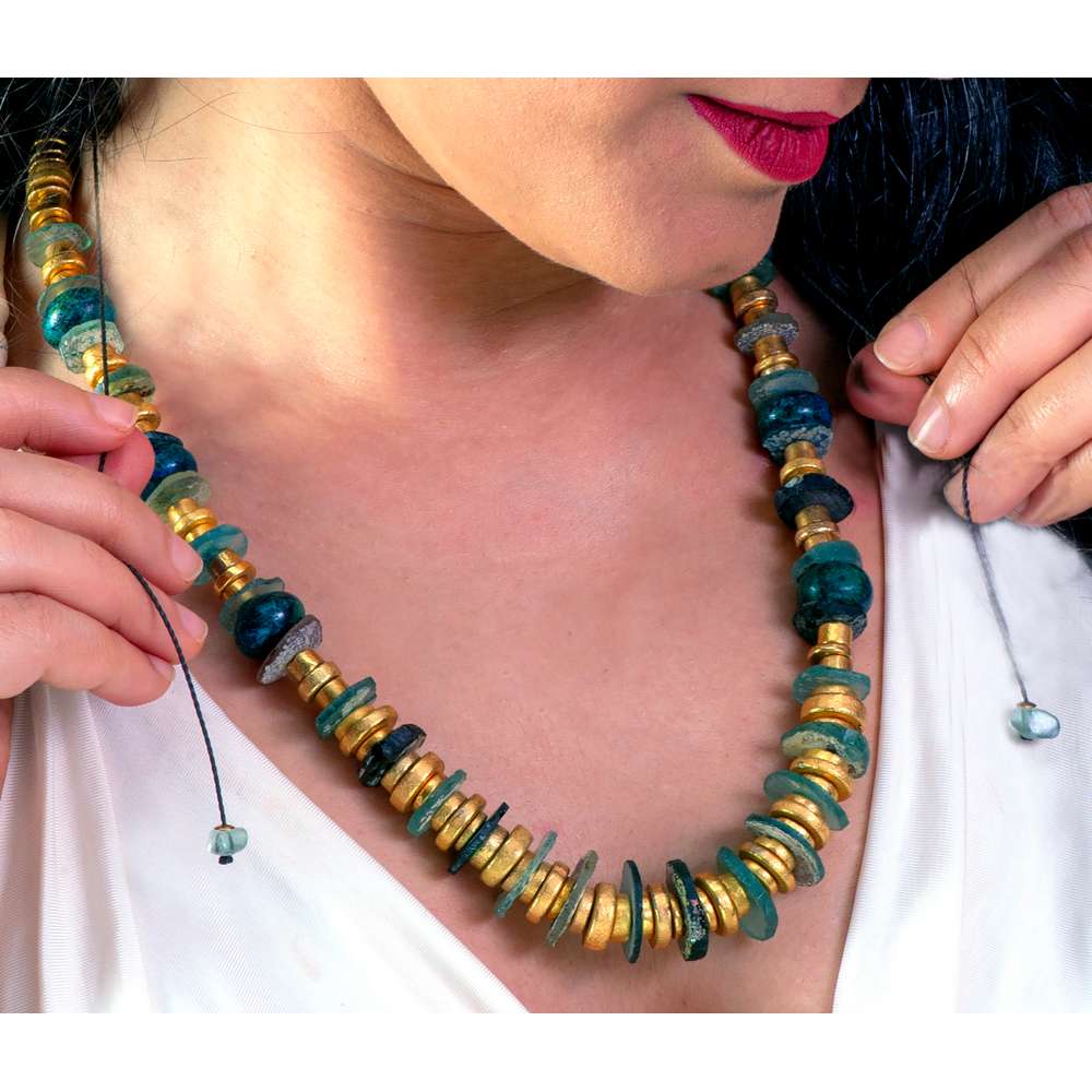 001R-EVAFRANGK-KOLIE-MPLE-XRYSO-4 Χειροποίητο κολιέ με Ρωμαικό γυαλί και χρυσά στοιχεία