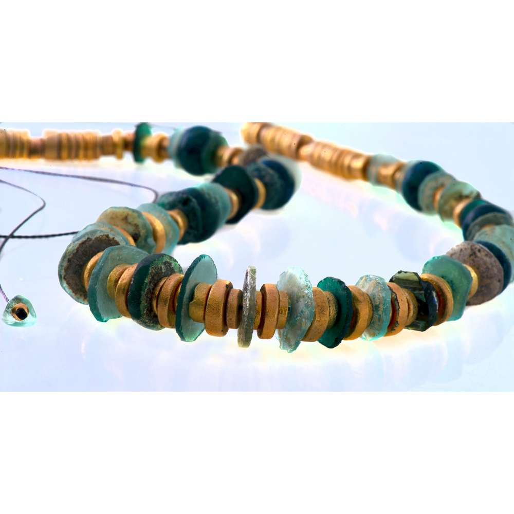 001R-EVAFRANGK-KOLIE-MPLE-XRYSO-5 Χειροποίητο κολιέ με Ρωμαικό γυαλί και χρυσά στοιχεία