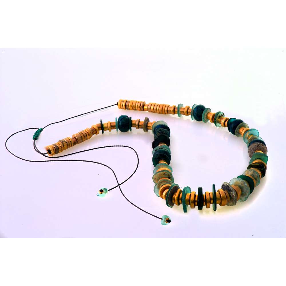 001R-EVAFRANGK-KOLIE-MPLE-XRYSO-7 Χειροποίητο κολιέ με Ρωμαικό γυαλί και χρυσά στοιχεία